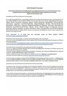 Enquête publique concernant la loi sur l'eau, programme pluriannuel de gestion 2024-2028 des milieux aquatiques et humides bassin versant Aveyron aval