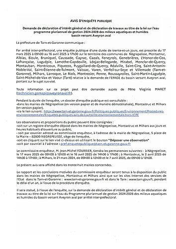 Enquête publique concernant la loi sur l'eau, programme pluriannuel de gestion 2024-2028 des milieux aquatiques et humides bassin versant Aveyron aval
